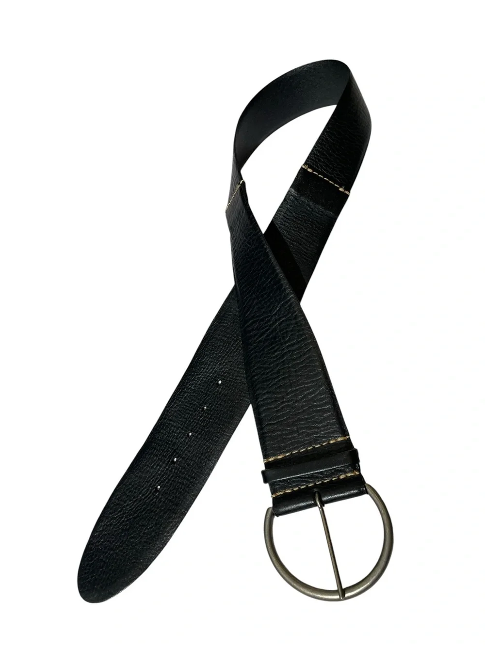 GAP Women's M Black Pebbled Leather Curved Wide Belt Silver Hoop Circle Buckle